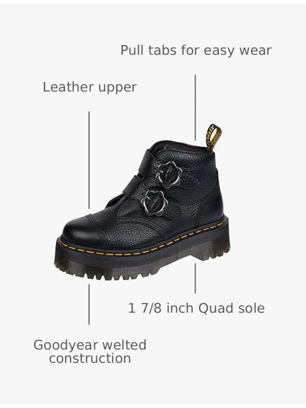 Dr. Martens Women’s Black Leather Double-Strap Ankle Boots with Yellow Stitching - Picture 8 of 9